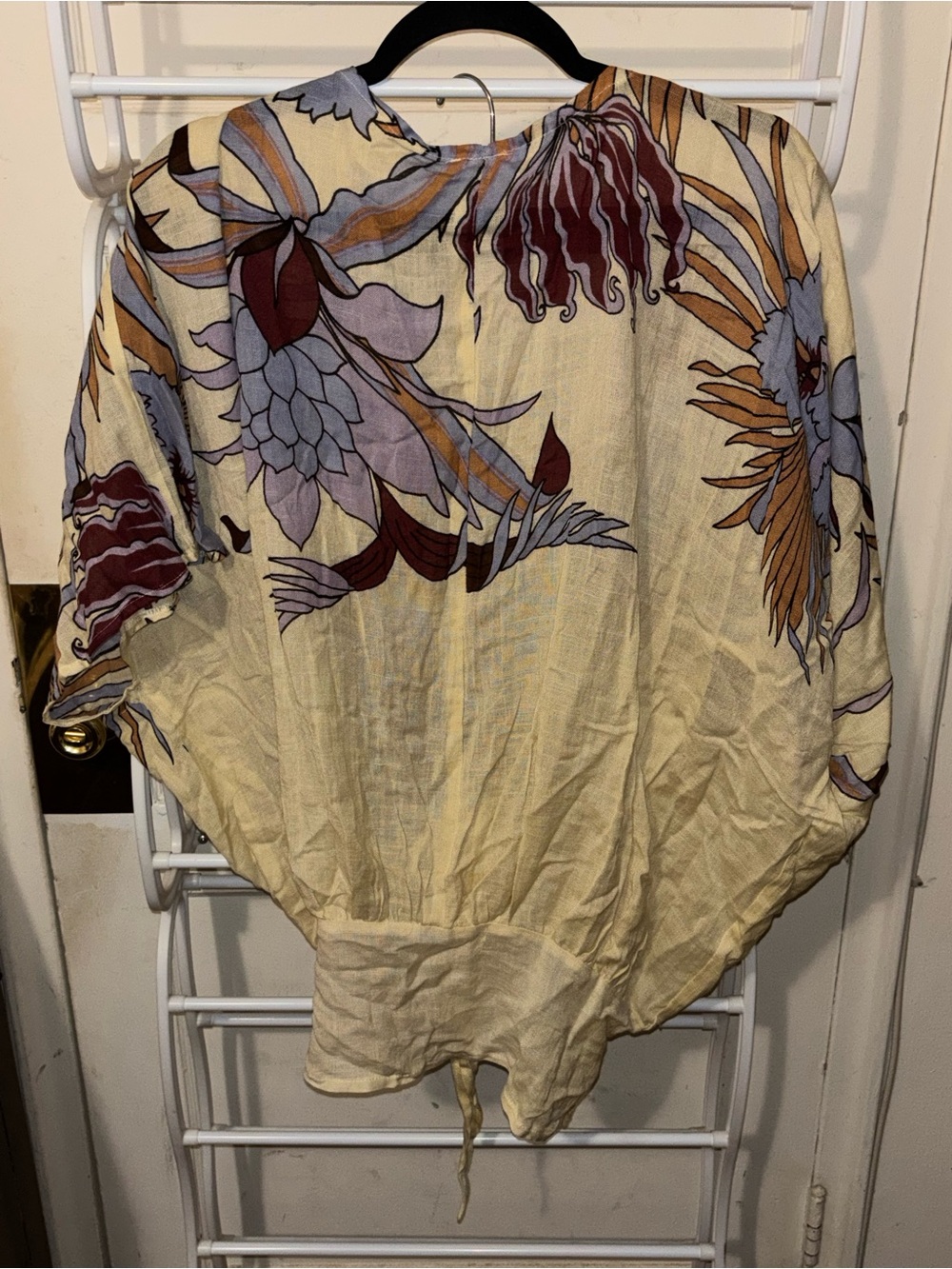 Free People Floral Tie-Front Kimono Top - Cream with Purple & Brown Print Hippie - Picture 3 of 4